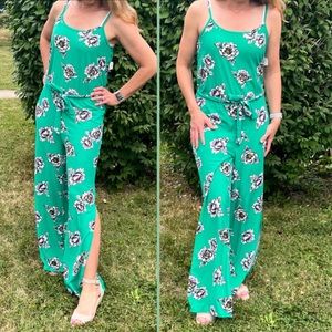 - Eyecandy Green Floral Slit Leg Tank Jumpsuit SZ L! NEW!